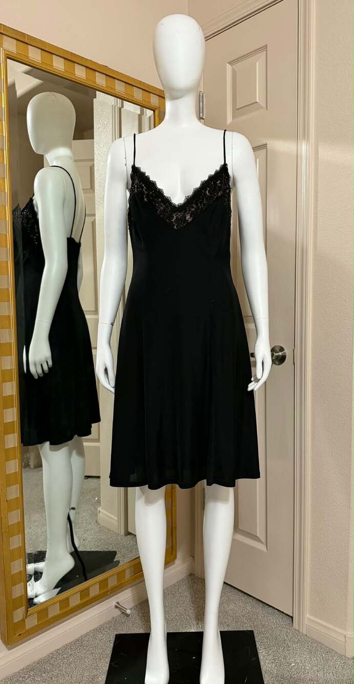 Vintage Tadashi Black Cocktail Mini Dress with Beaded Lace Trim Boutique